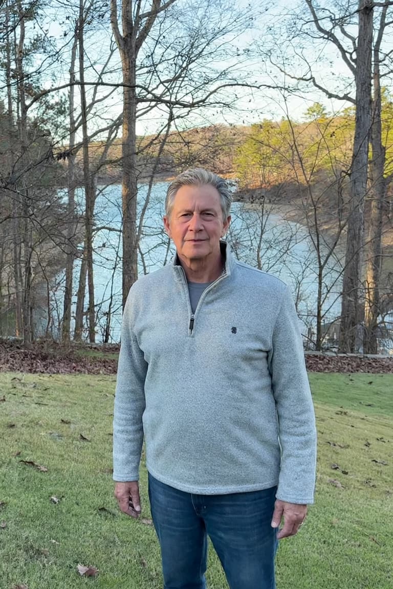 Tommy, founder of Shady Baby, standing on a lawn above a lake